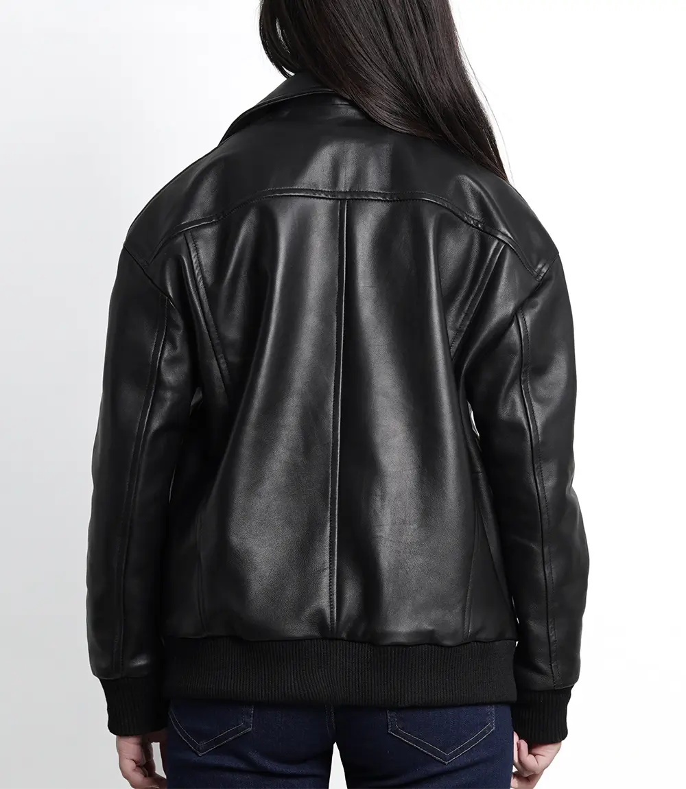 Women's Oversized Leather Bomber Jacket​ Black