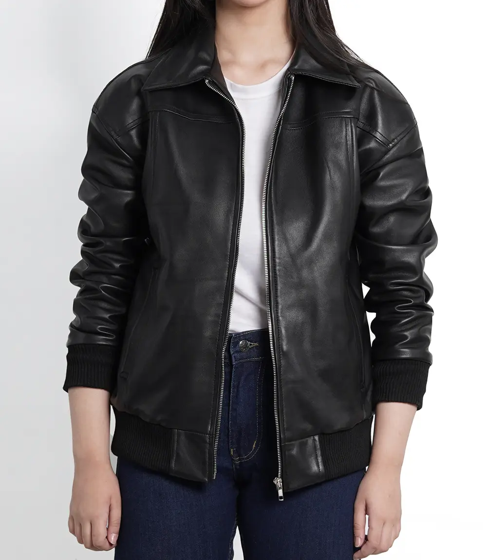 Women's Oversized Leather Bomber Jacket​ Black