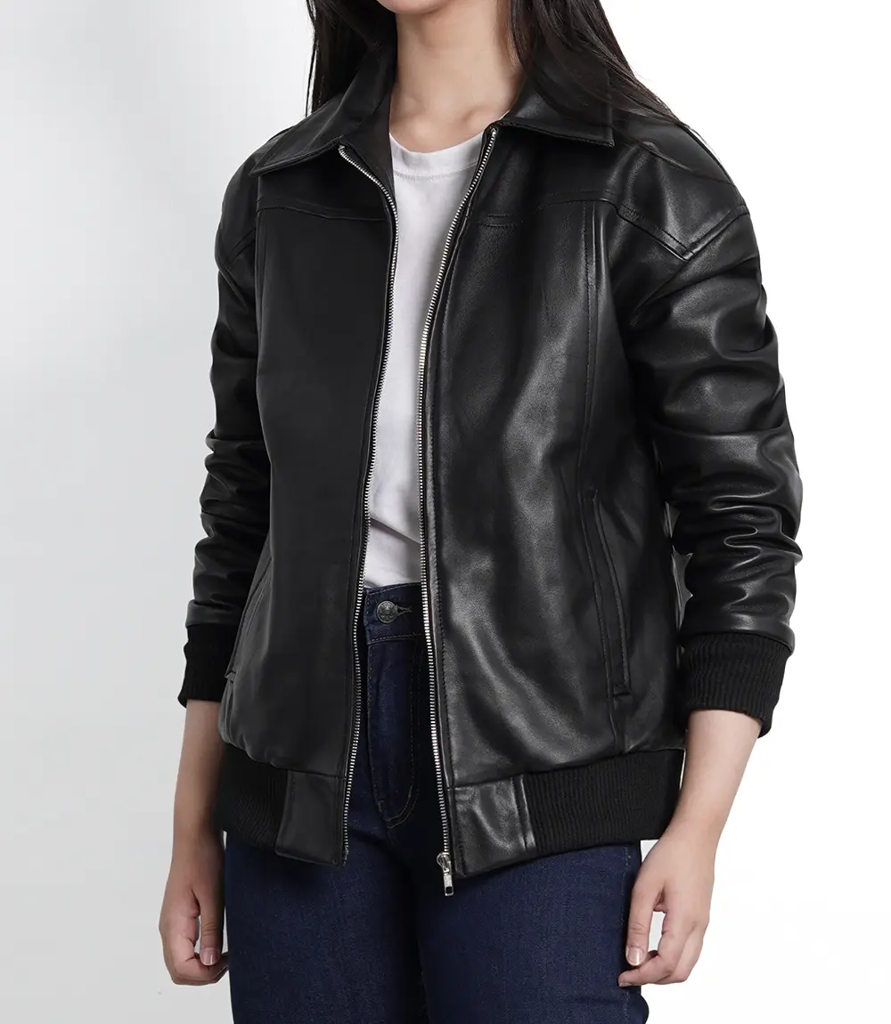 Women's Oversized Leather Bomber Jacket​ Black