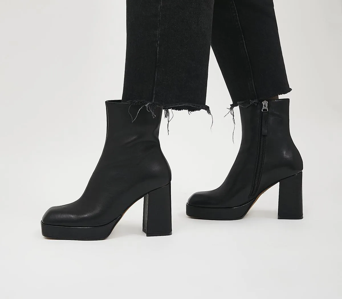 Women's Black Leather Platform Ankle Boots with Square Toe