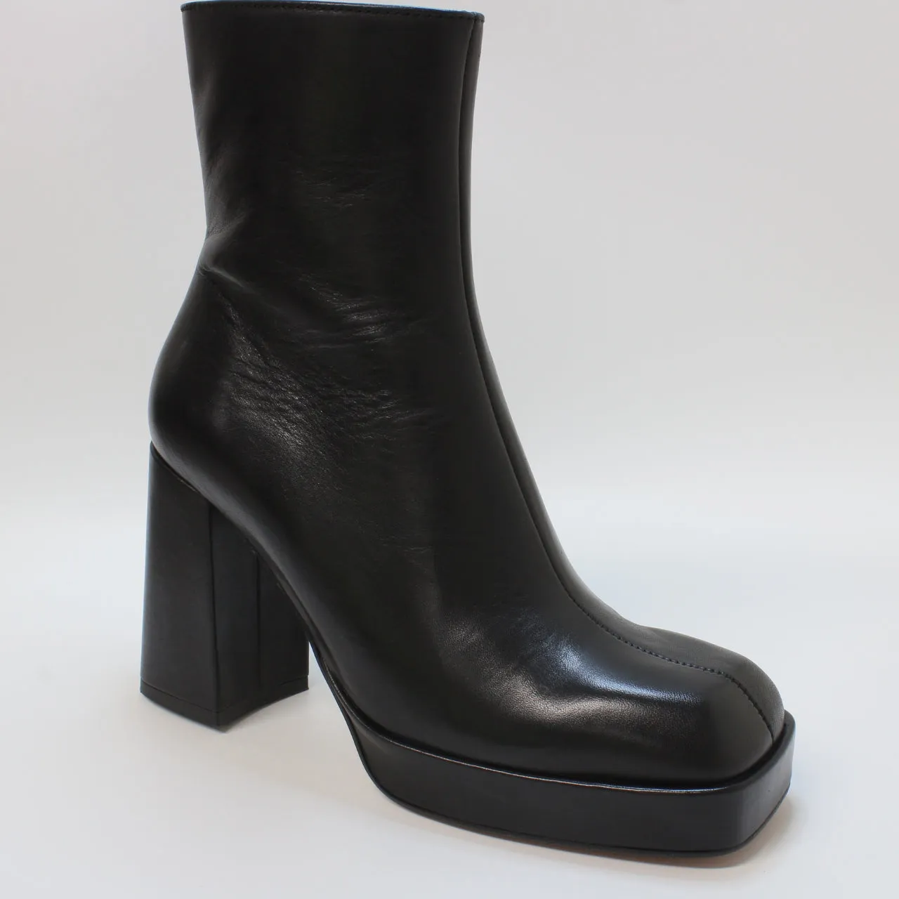 Women's Black Leather Platform Ankle Boots with Square Toe