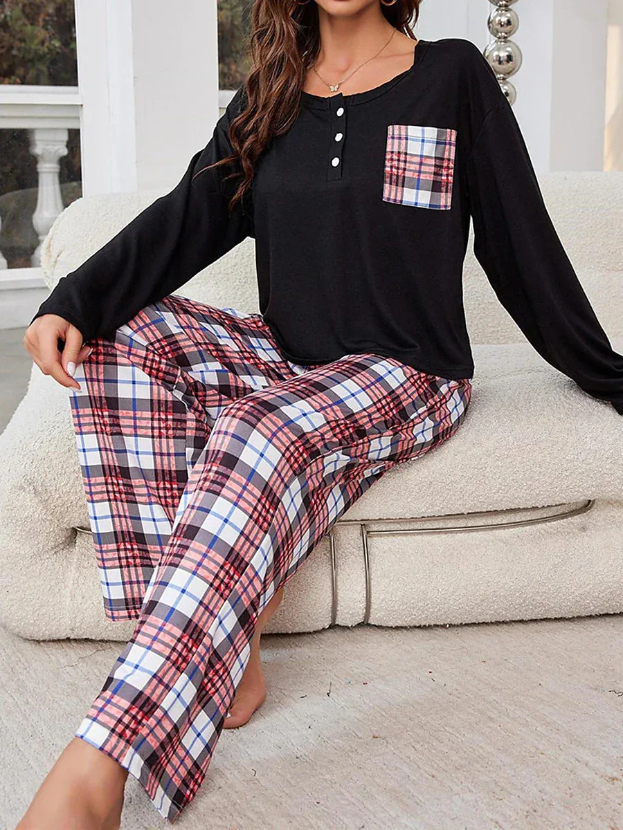 Women's Flannel Pajamas Set: Cozy Grid/Plaid Design, Crew Neck T-shirt - Perfect for Fall and Winter Lounge