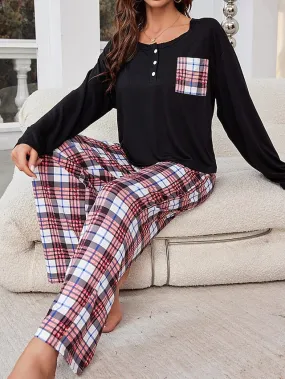 Women's Flannel Pajamas Set: Cozy Grid/Plaid Design, Crew Neck T-shirt - Perfect for Fall and Winter Lounge