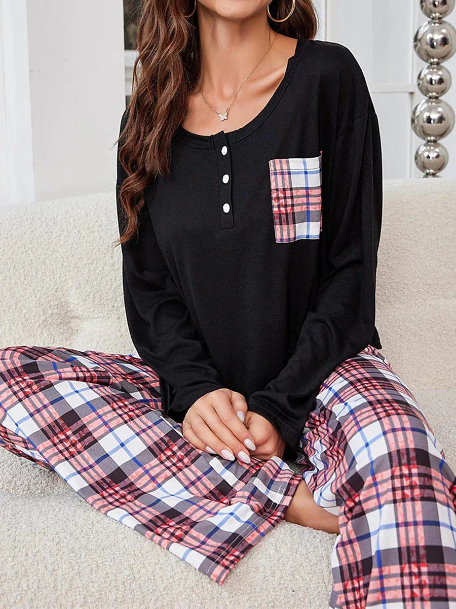 Women's Flannel Pajamas Set: Cozy Grid/Plaid Design, Crew Neck T-shirt - Perfect for Fall and Winter Lounge