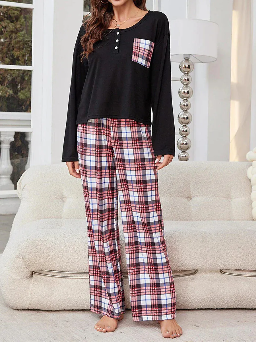 Women's Flannel Pajamas Set: Cozy Grid/Plaid Design, Crew Neck T-shirt - Perfect for Fall and Winter Lounge