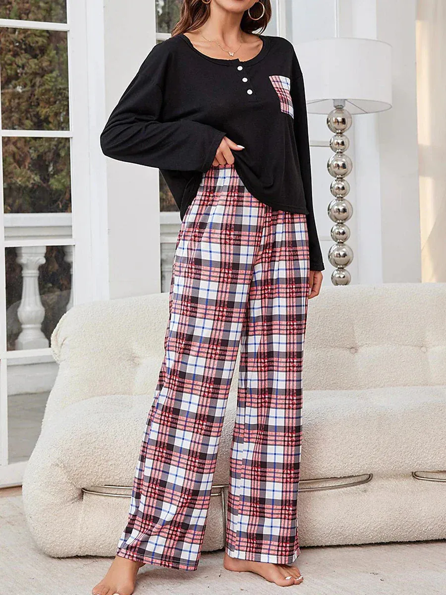 Women's Flannel Pajamas Set: Cozy Grid/Plaid Design, Crew Neck T-shirt - Perfect for Fall and Winter Lounge