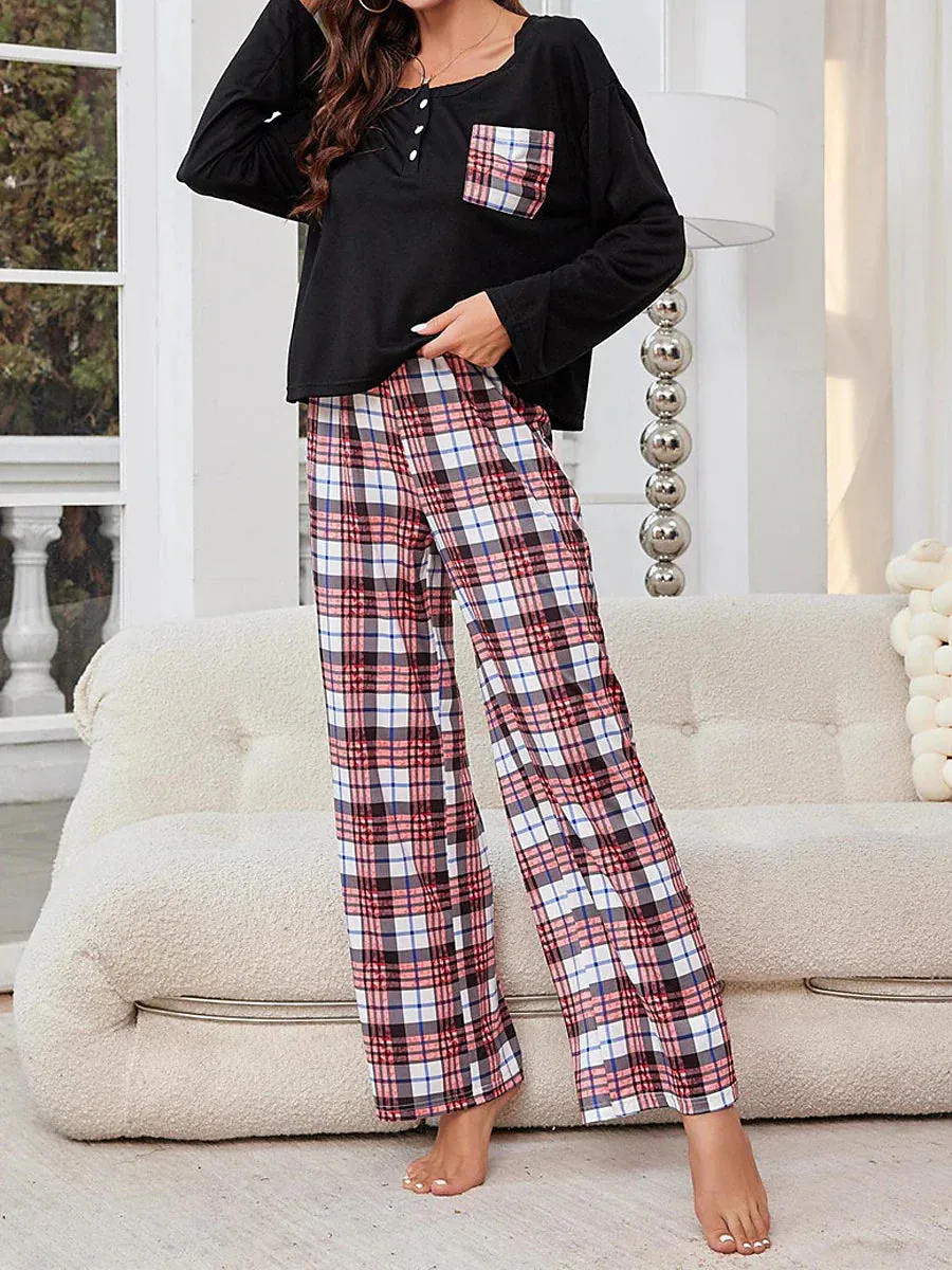 Women's Flannel Pajamas Set: Cozy Grid/Plaid Design, Crew Neck T-shirt - Perfect for Fall and Winter Lounge