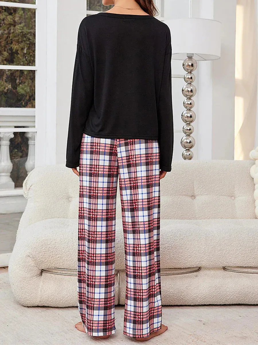 Women's Flannel Pajamas Set: Cozy Grid/Plaid Design, Crew Neck T-shirt - Perfect for Fall and Winter Lounge