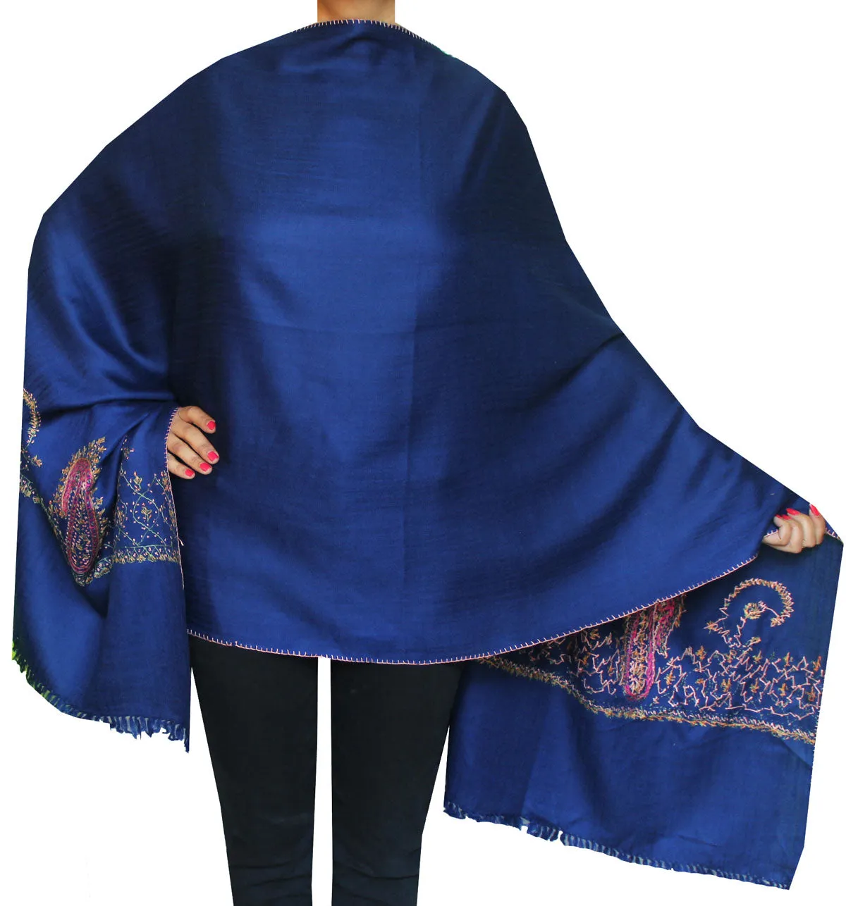 Women's Hand Embroidered Blue Wool Indian Shawl Gift