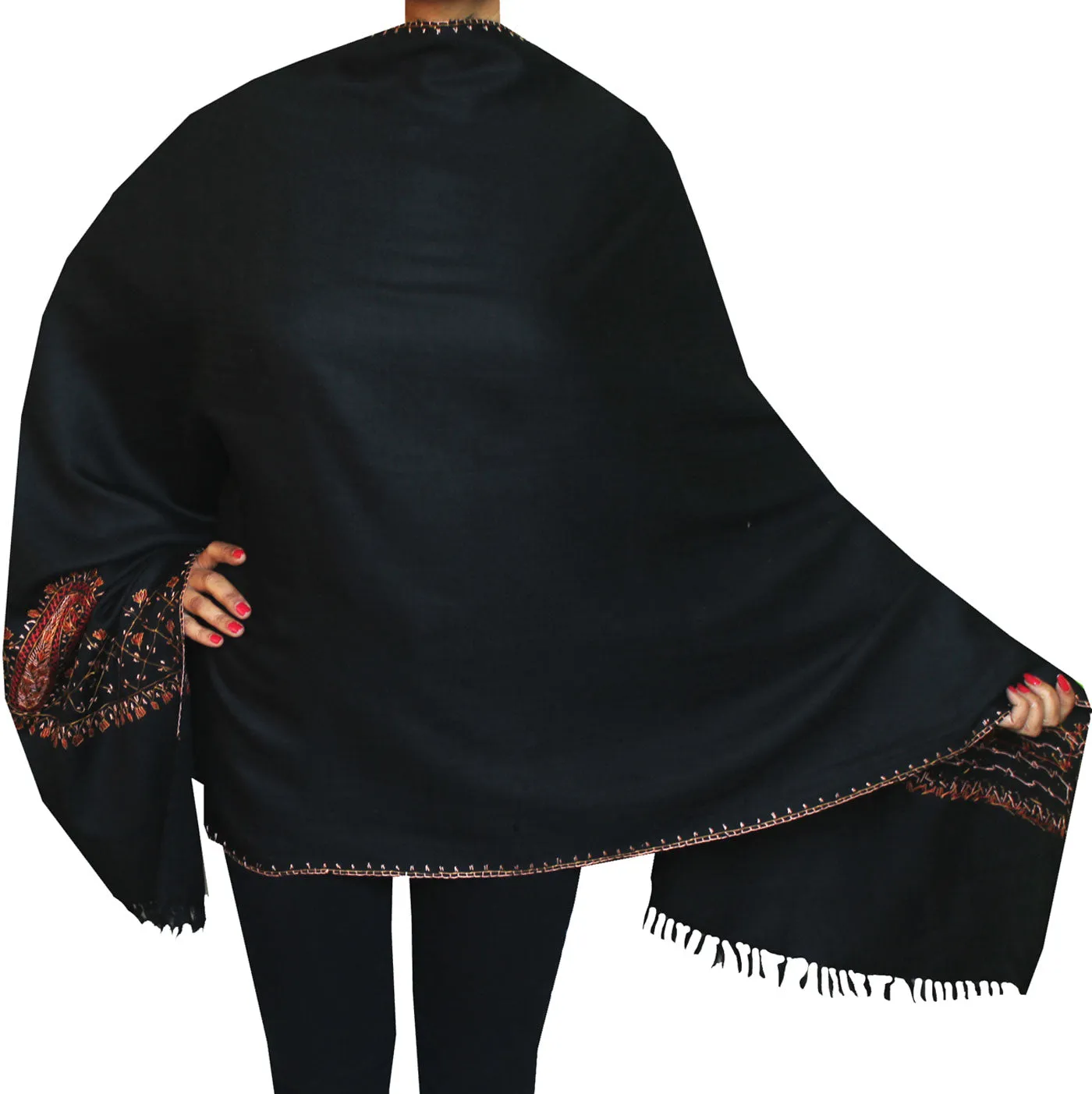 Women's Indian Wool Shawl Hand Embroidered - Black