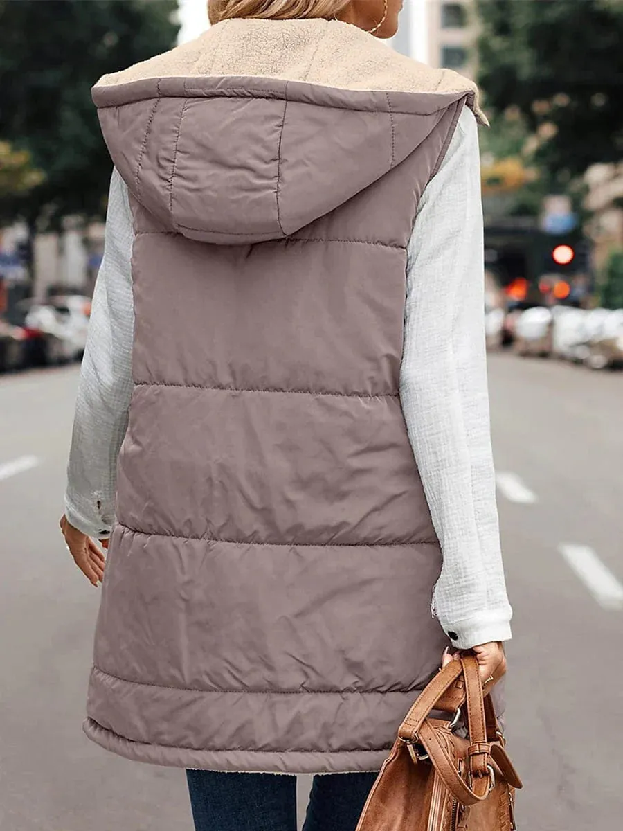 Women's Long Winter Puffer Vest - Reversible Fleece & Hood