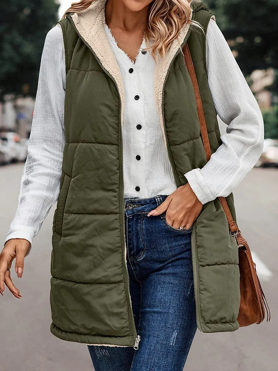 Women's Long Winter Puffer Vest - Reversible Fleece & Hood