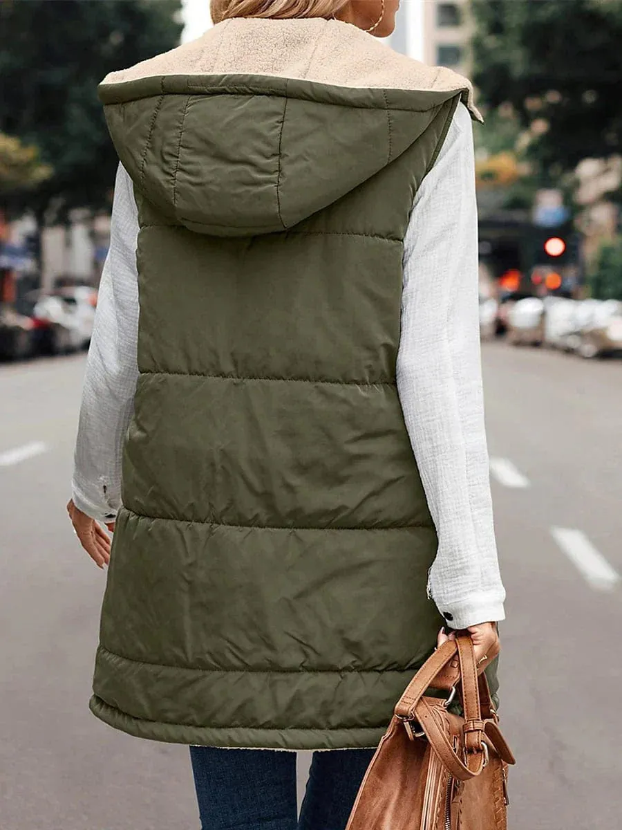 Women's Long Winter Puffer Vest - Reversible Fleece & Hood