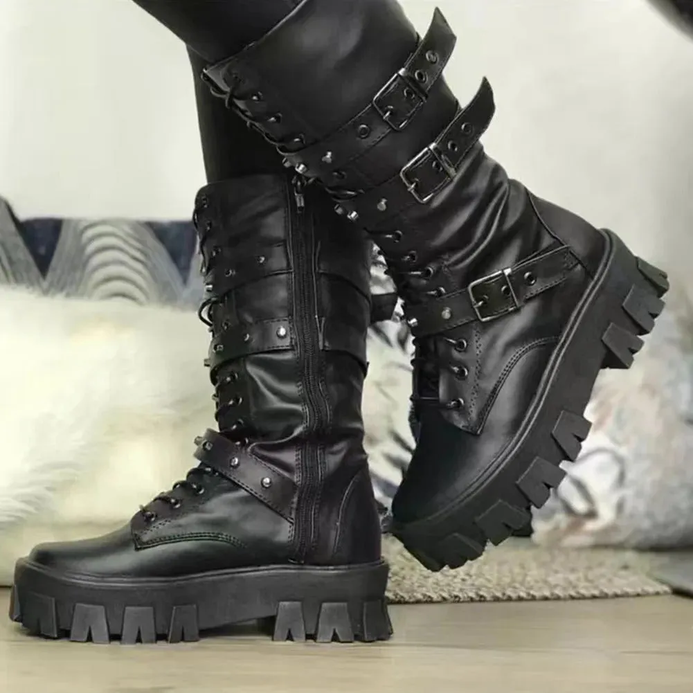 Women's Punk Motorcycle High Heel Wedge Ankle Boots