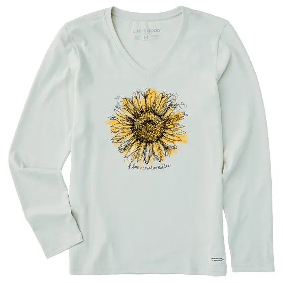 Women's Scribbled Sunflower Long Sleeve Crusher Vee - Fog Gray - 115076