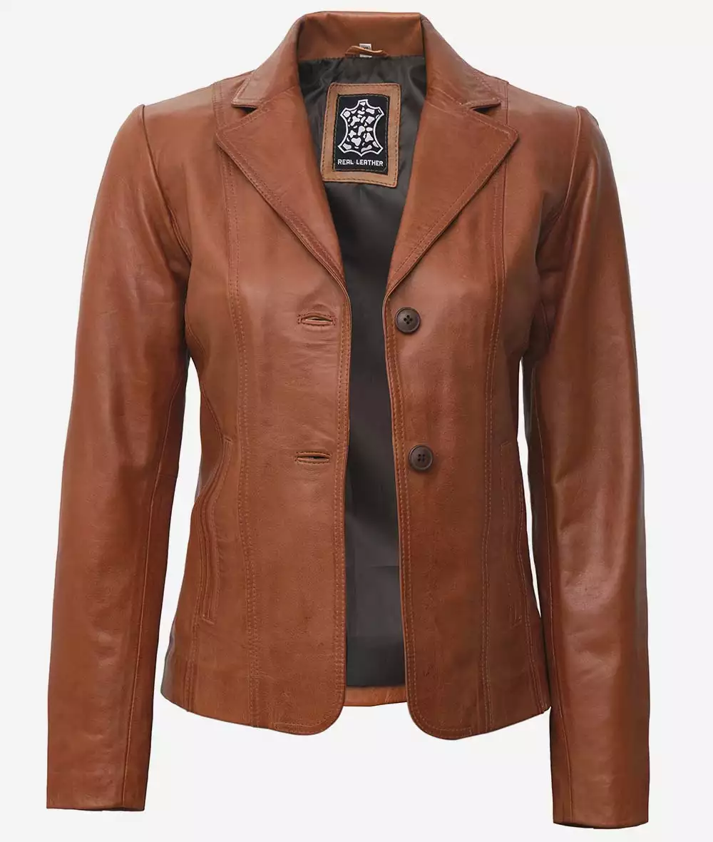 Womens Two Button Tan Leather Blazer