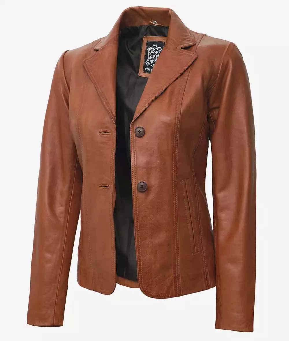 Womens Two Button Tan Leather Blazer