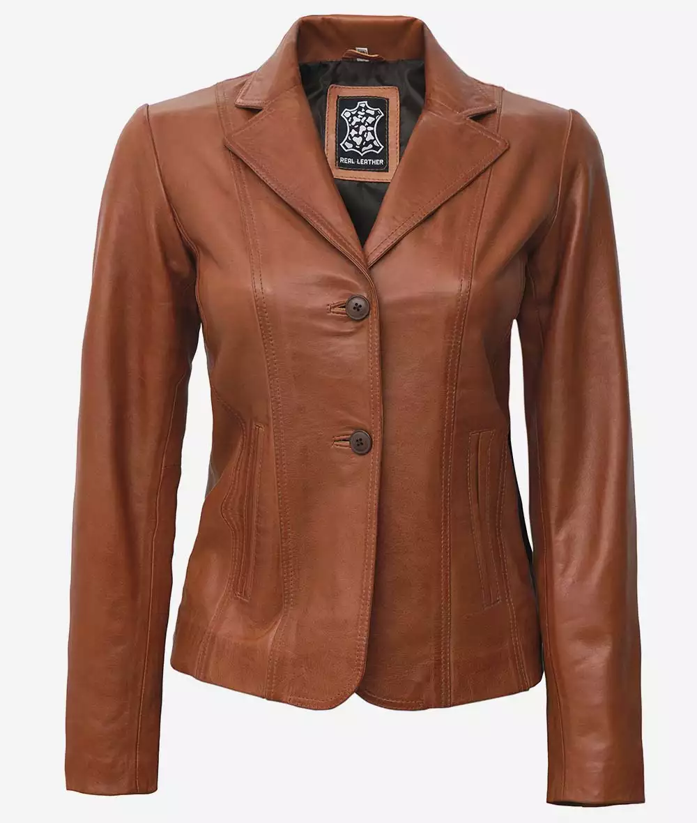 Womens Two Button Tan Leather Blazer