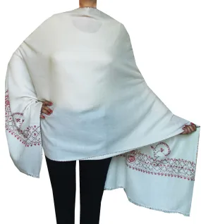 Wool Scarf Shawl, Hand Embroidered, Women's Gift, Off-White, 76 x 28 inches